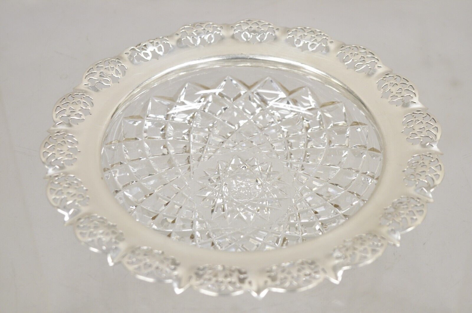 Antique English Victorian Cut Crystal Silver Plated Gallery Ashtray Trinket Dish