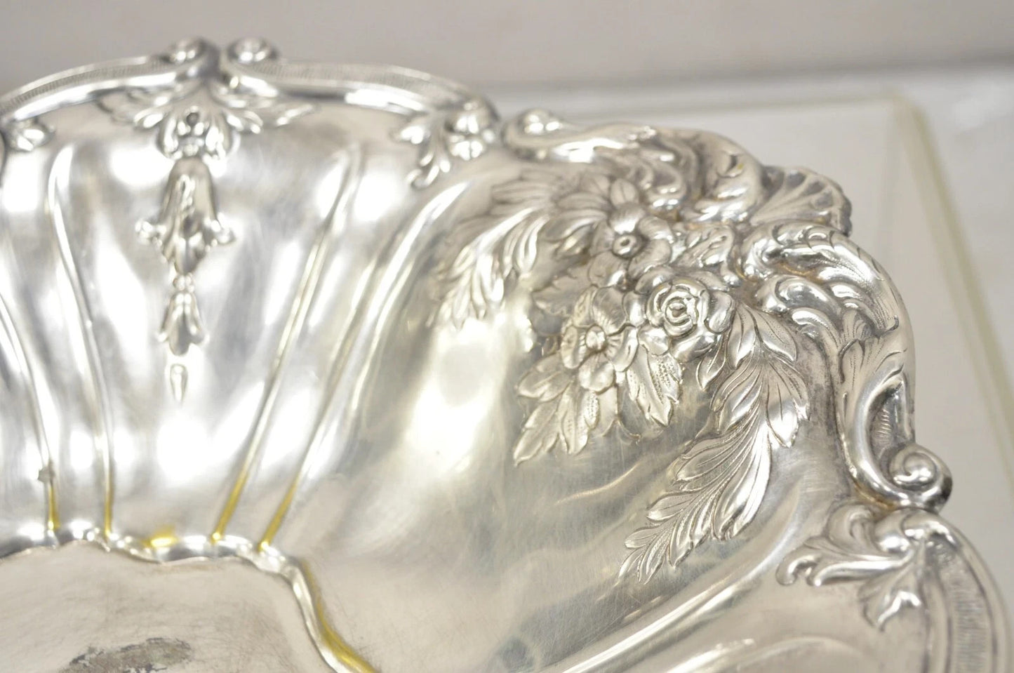 Vintage English Victorian Flower Rose Repousse Silver Plated Footed Oval Dish