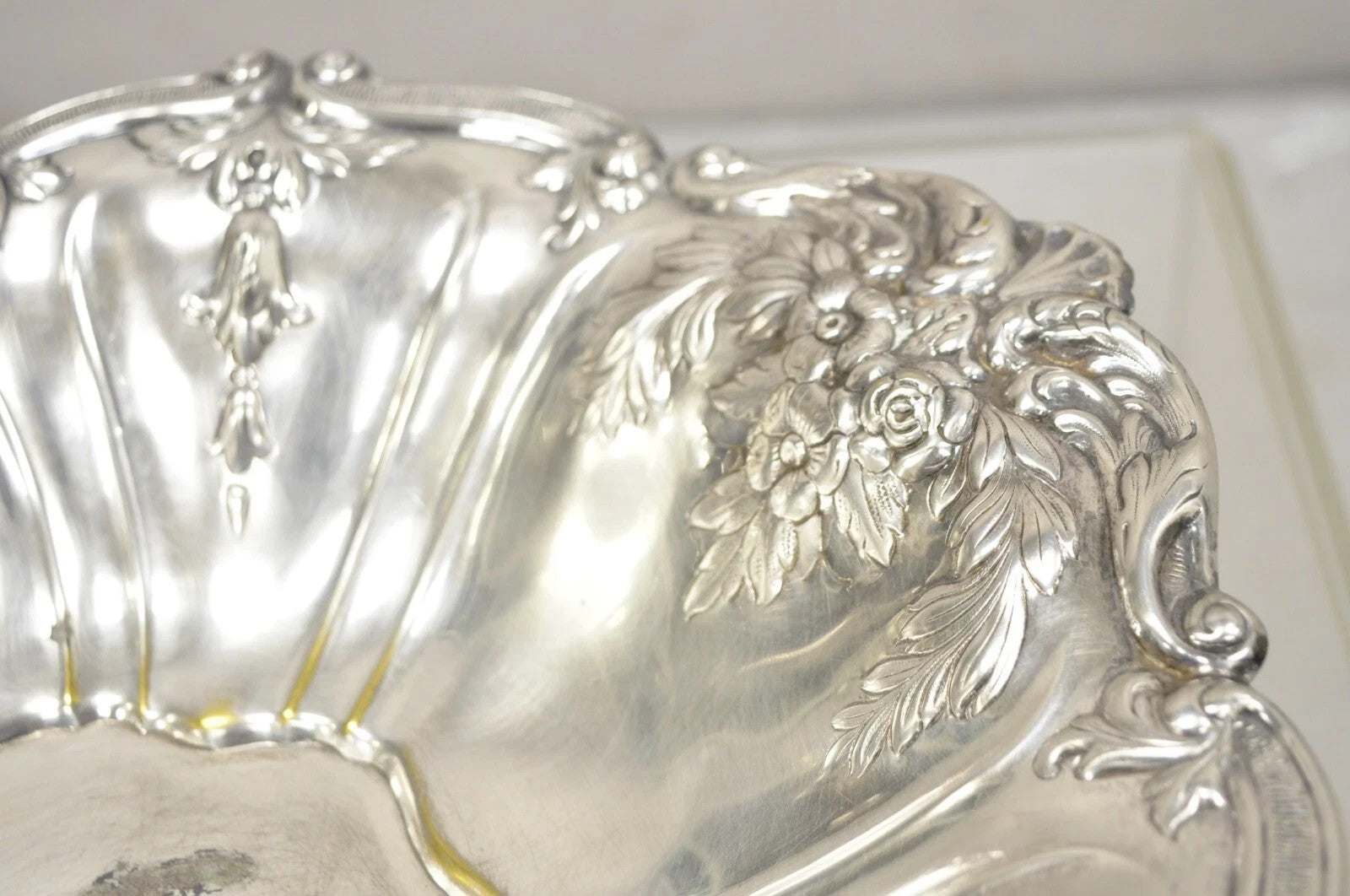 Vintage English Victorian Flower Rose Repousse Silver Plated Footed Oval Dish