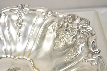 Vintage English Victorian Flower Rose Repousse Silver Plated Footed Oval Dish