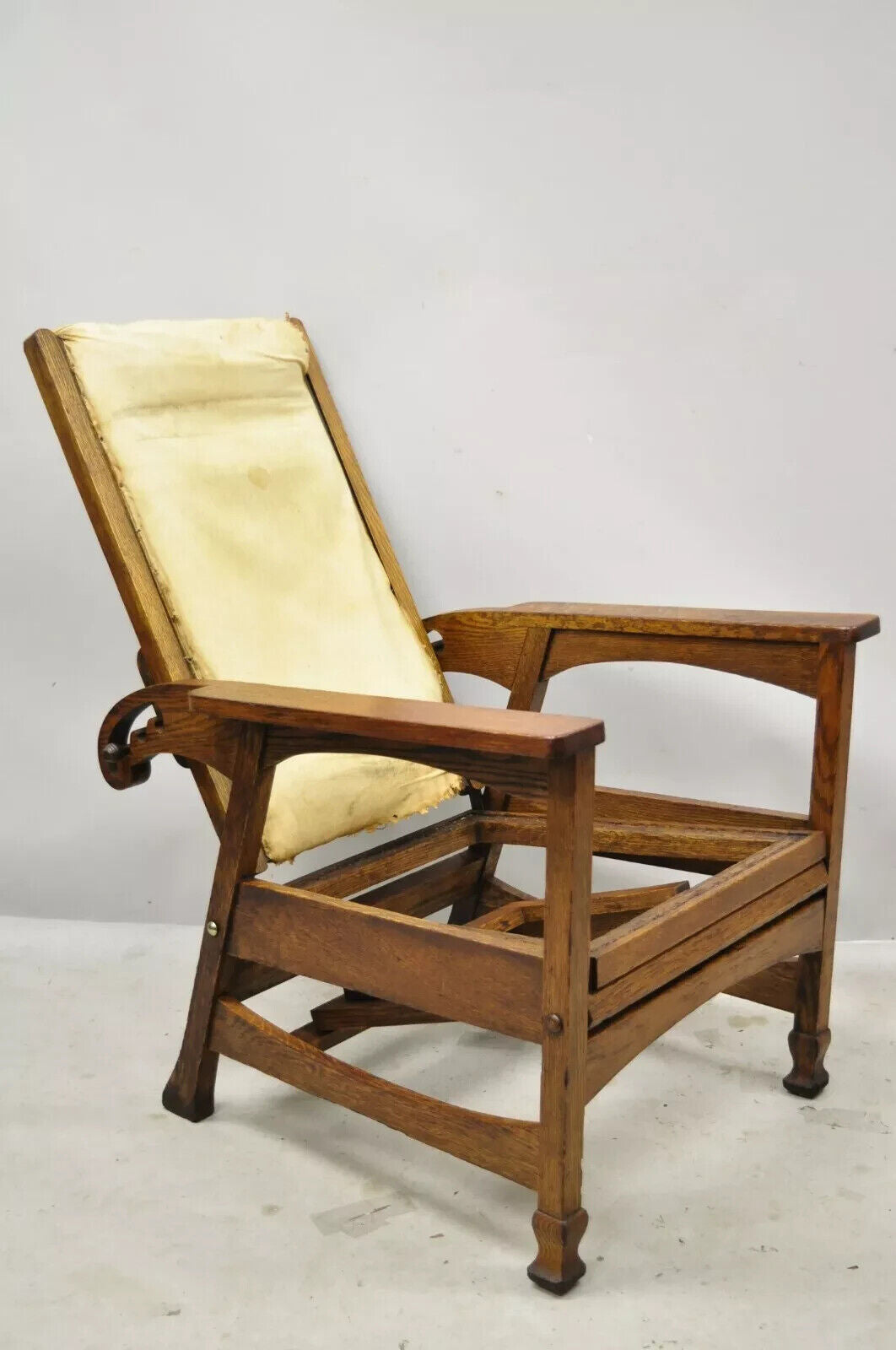 Antique Mission Oak Arts & Crafts Reclining Morris Chair w Flip Footrest Ottoman