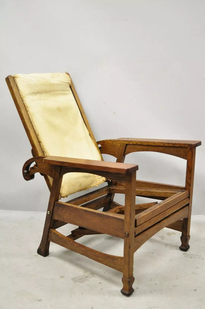 Antique Mission Oak Arts & Crafts Reclining Morris Chair w Flip Footrest Ottoman