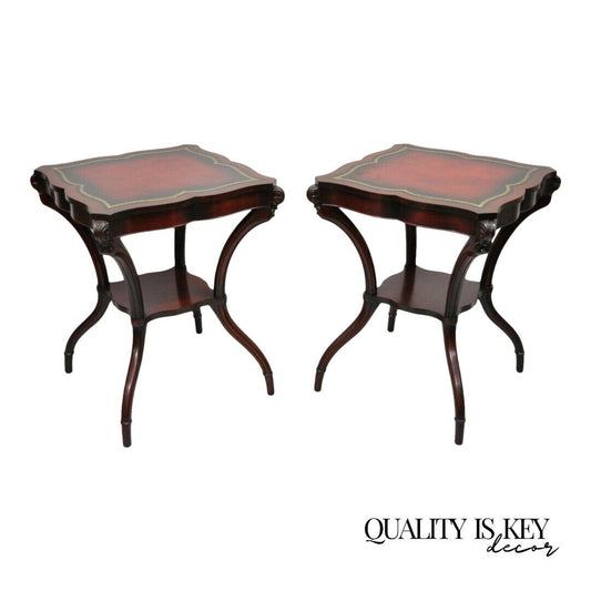 Vintage French Regency Style Red Leather Top Mahogany Lamp End Tables - a Pair