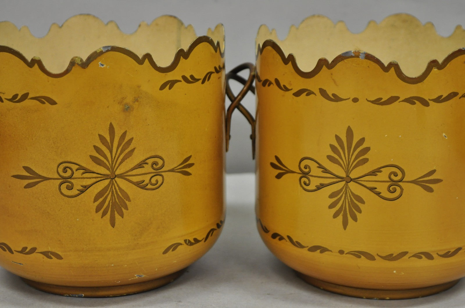 Vintage French Country Tole Metal Yellow Painted Cachepot Planter Vase - a Pair