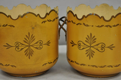 Vintage French Country Tole Metal Yellow Painted Cachepot Planter Vase - a Pair