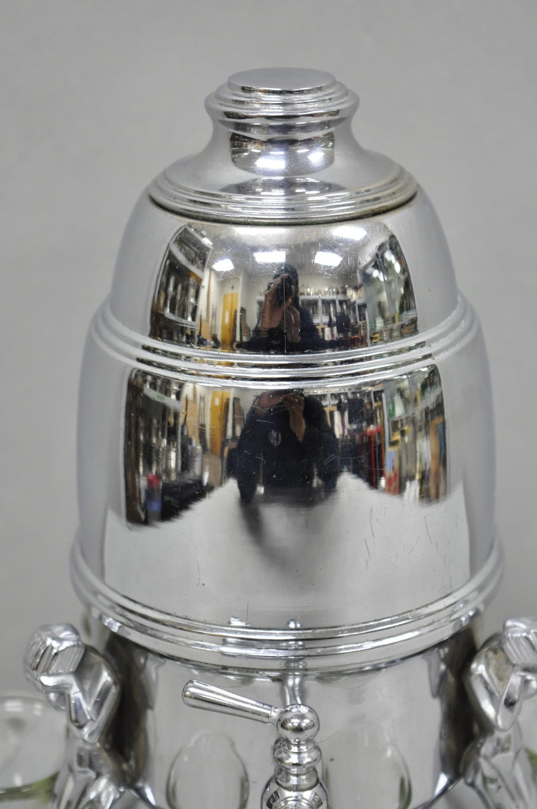 Vintage Art Deco Figural Chrome Metal Barware Samovar Decanter w/ Shot Glasses