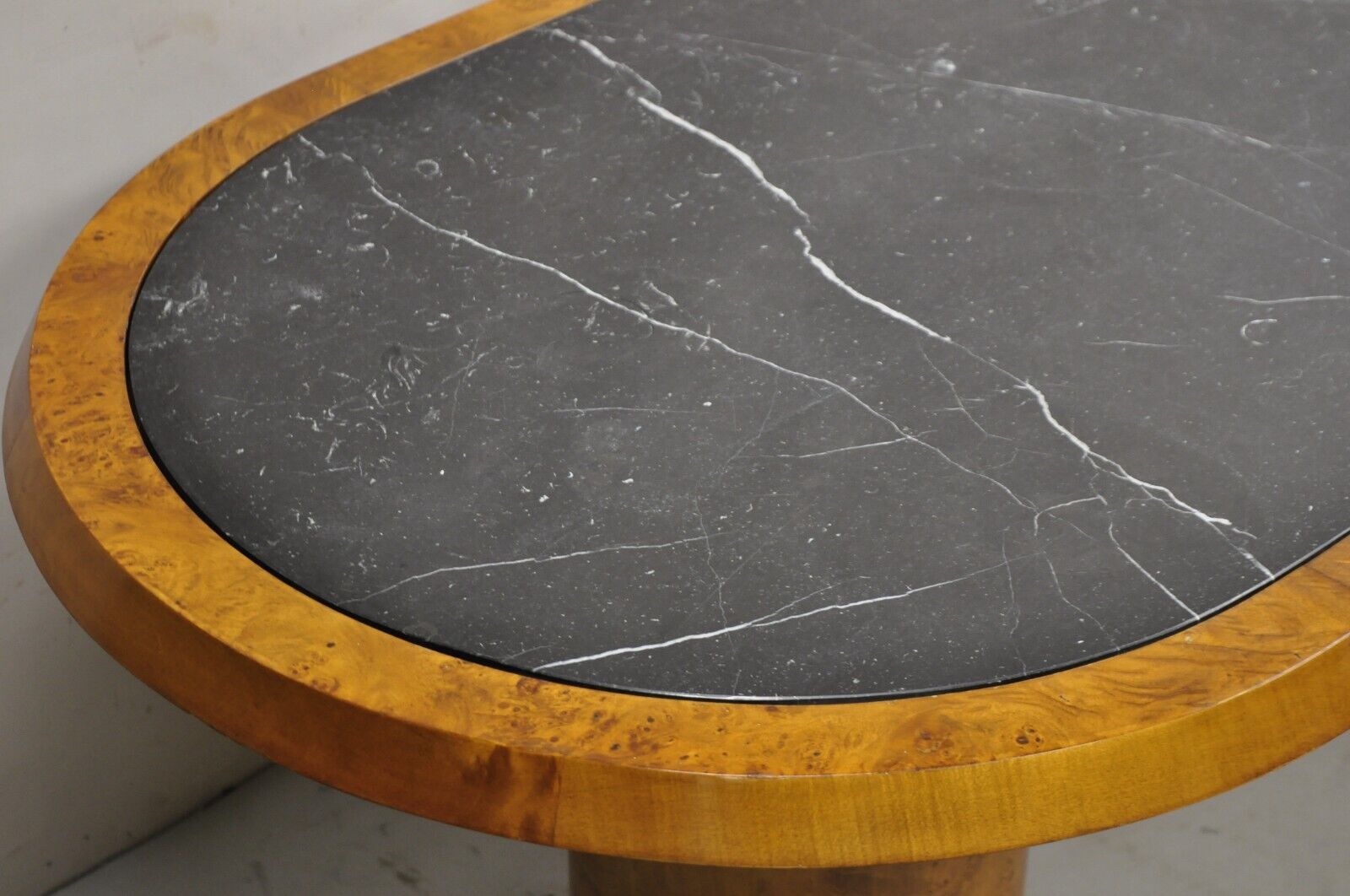 Italian Mid Century Modern Bloomingdale's Burl Wood Oval Marble Top Dining Table