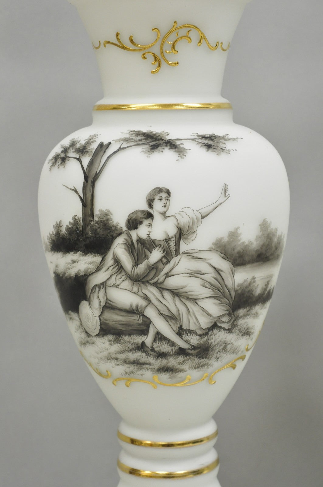 Vintage French Country Renaissance Frosted Glass Urn "Courting" Table Lamp, Pair