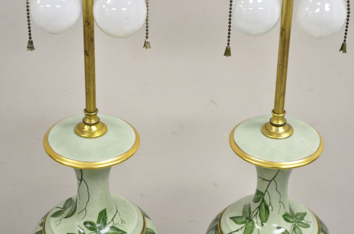 Antique French Hand Painted Porcelain "Cranes" Bird Green Urn Table Lamps - Pair