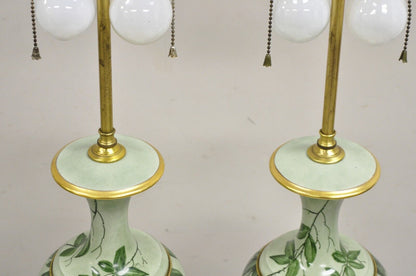 Antique French Hand Painted Porcelain "Cranes" Bird Green Urn Table Lamps - Pair