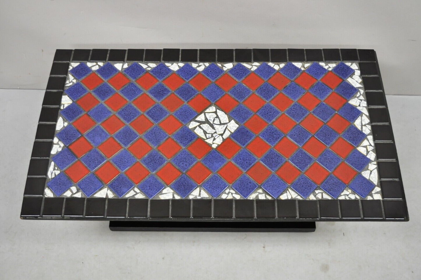 Vintage Art Deco Blue and Red Mosaic Tile Top Arch Base Coffee Table