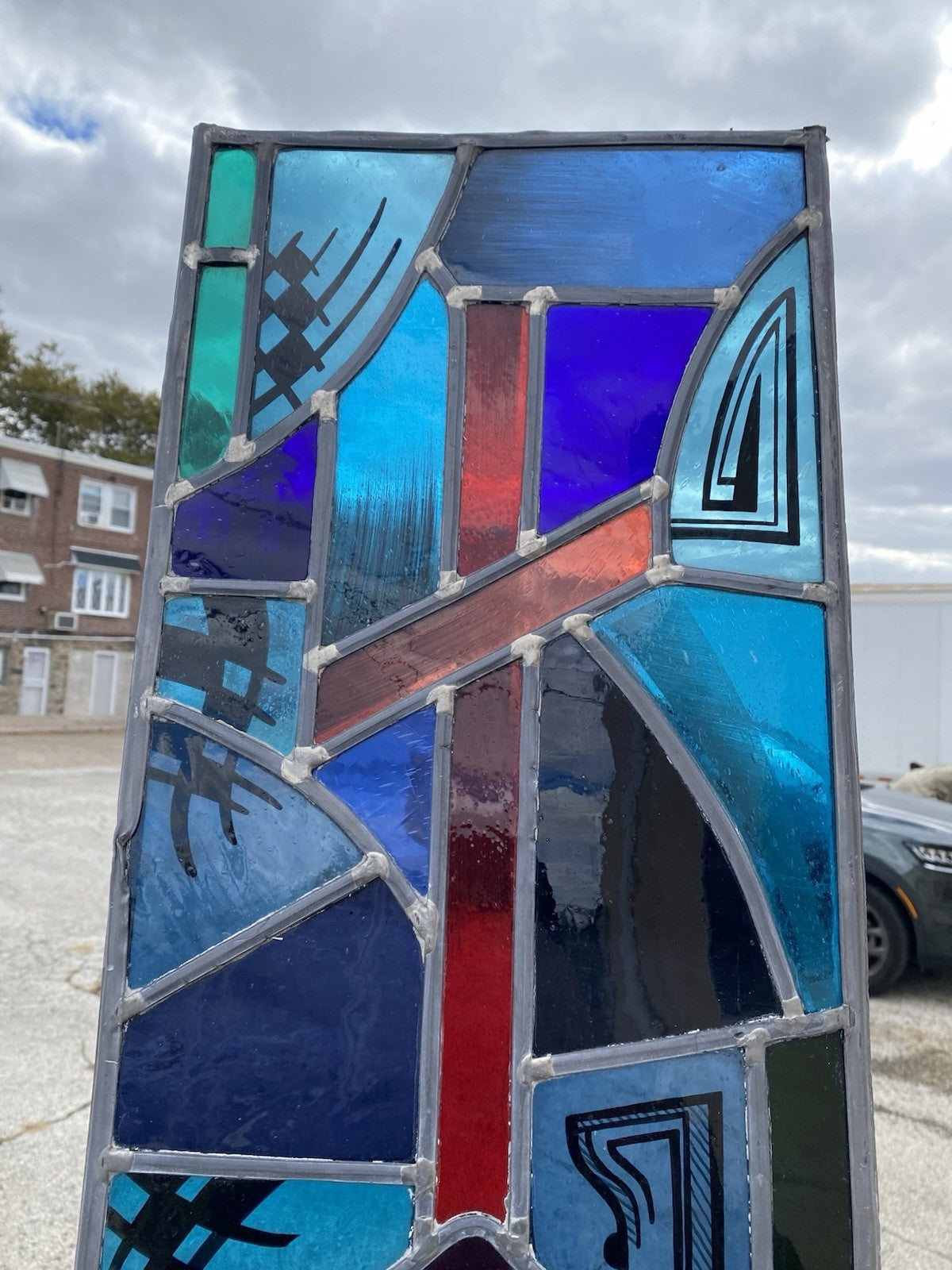 Vintage Art Deco Blue & Red Leaded Stained Glass Church Window w/ Cross 29x13