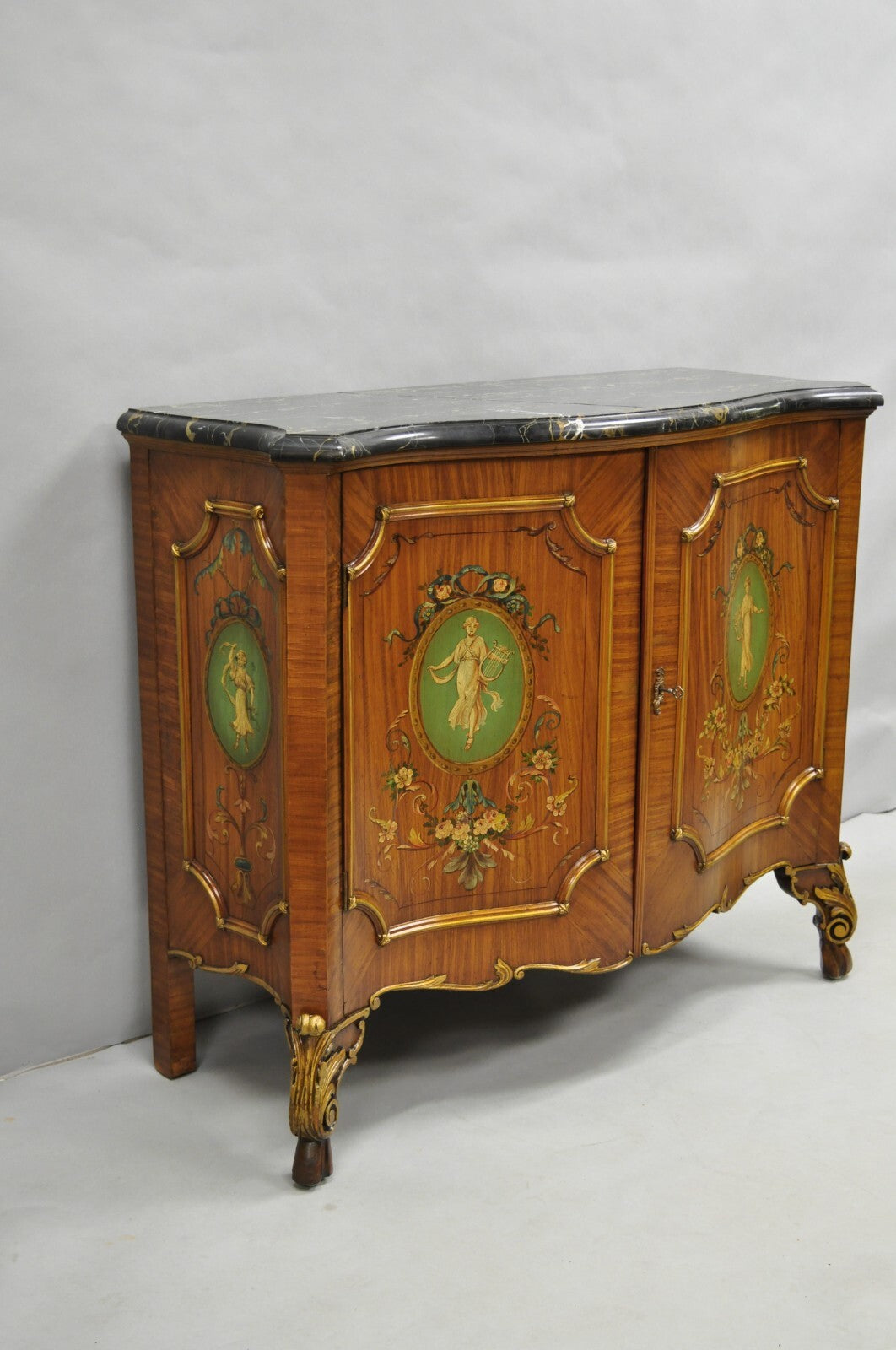 French Louis XV Adam Style Marble Top Kingwood Hand Painted Commode w/ Drawers