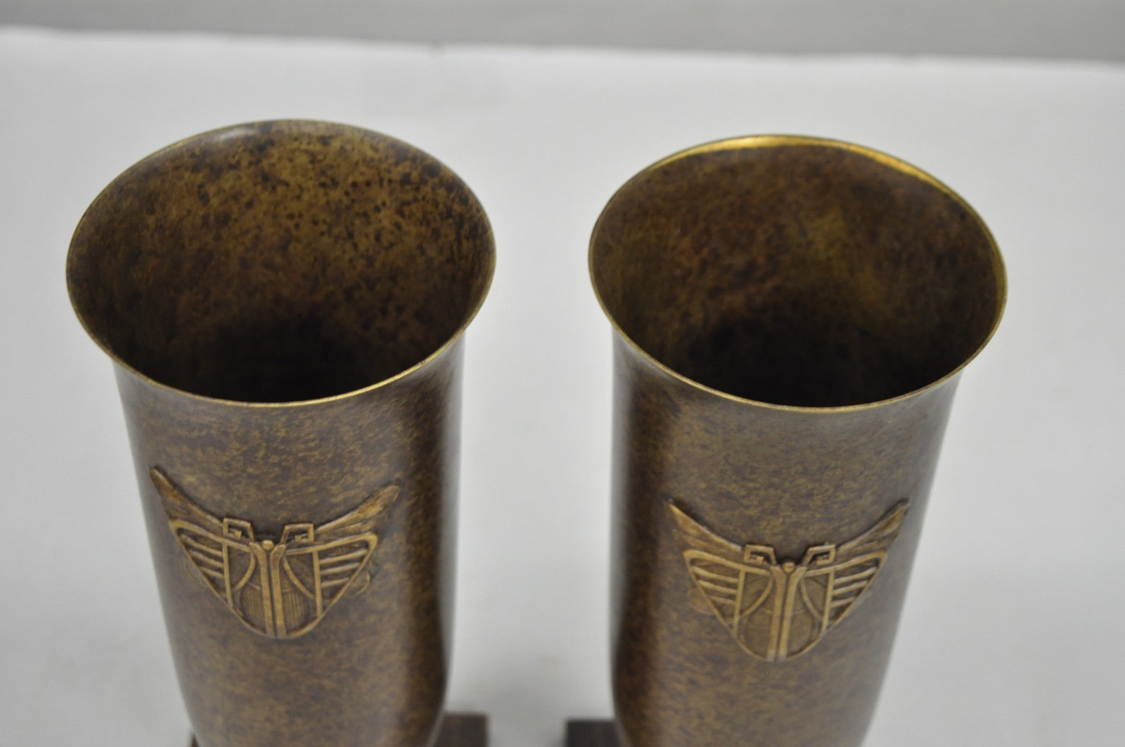 Antique French Art Deco Bronze Fluted Altar Vase w/ Butterfly Moth - a Pair