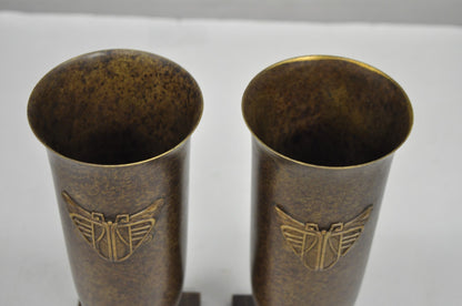 Antique French Art Deco Bronze Fluted Altar Vase w/ Butterfly Moth - a Pair