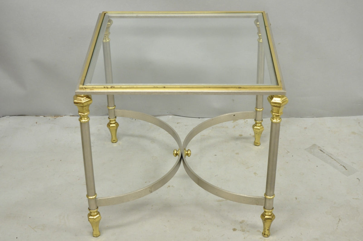 Vintage French Directoire Maison Jansen Style Steel Brass Low Square Side Table