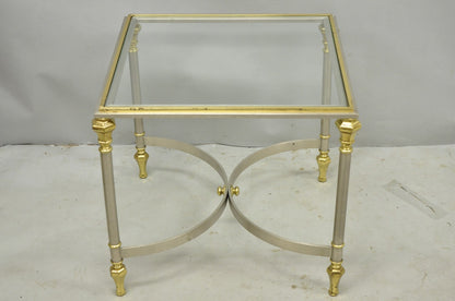 Vintage French Directoire Maison Jansen Style Steel Brass Low Square Side Table