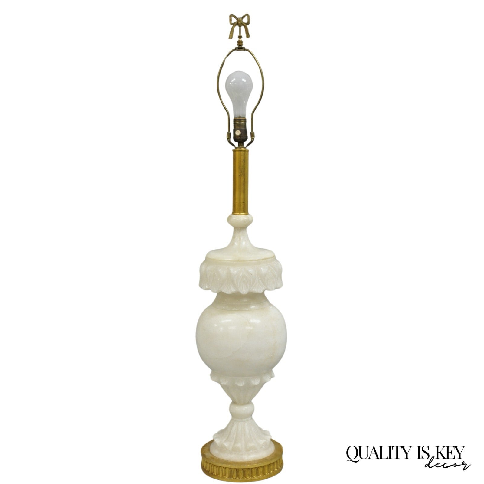 Antique Neoclassical Large Carved Solid Alabaster Marble Leaf Bulbous Table Lamp