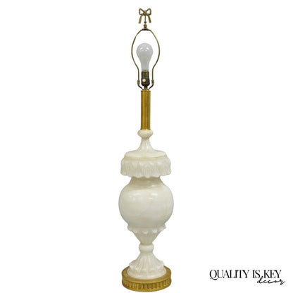Antique Neoclassical Large Carved Solid Alabaster Marble Leaf Bulbous Table Lamp