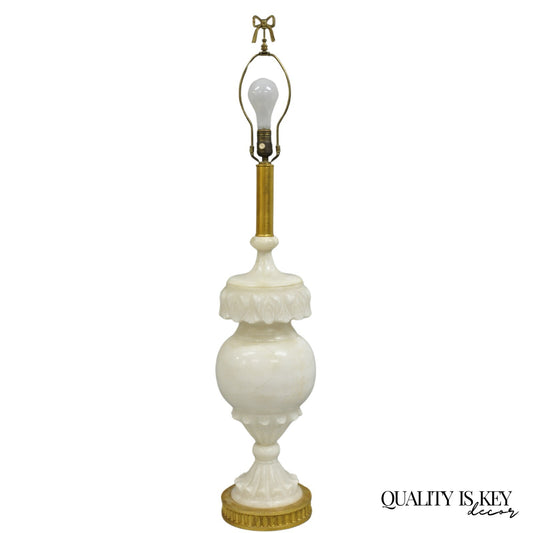 Antique Neoclassical Large Carved Solid Alabaster Marble Leaf Bulbous Table Lamp