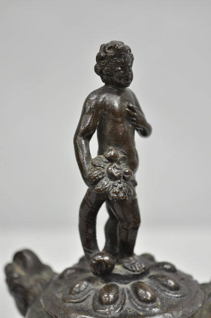 Antique Italian Renaissance Bronze Covered Figural Inkwell on Marble Base