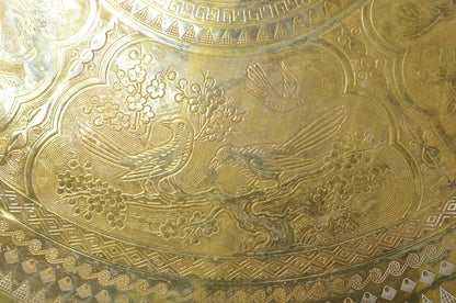 Vintage Chinese Figural Solid Brass Round Animal Engraved 30" Tray Top