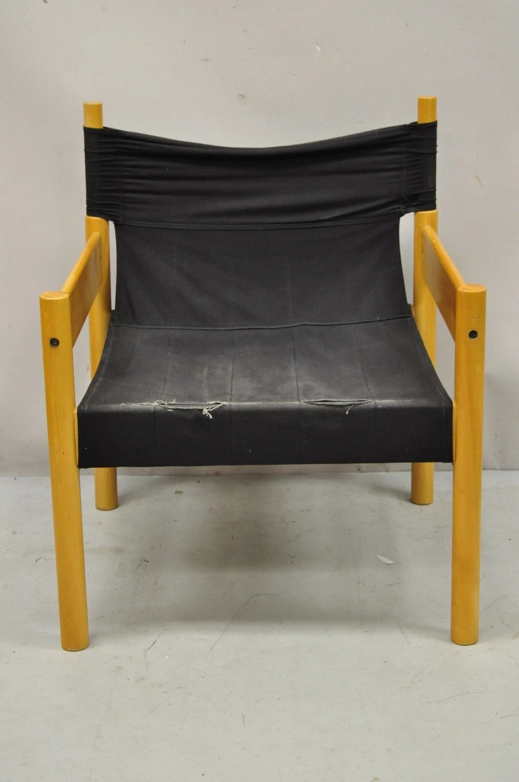 Vintage Mid Century Modern Scandinavian Black Canvas Birch Wood Lounge Chair