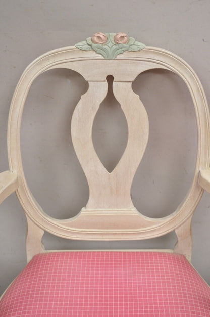 Vintage French Country Gustavian Cerused Pink Rose Dining Chairs - Set of 8