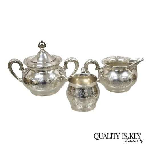 Antique Van Bergh Silver Plated Victorian Tea Serving Set w/ Monogram - 3 Pc Set