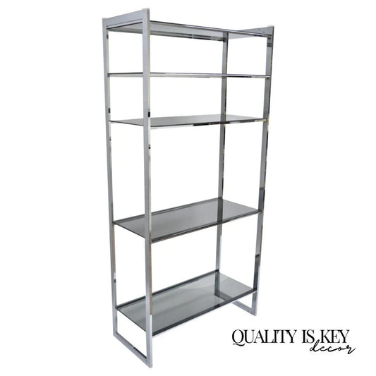 Mid Century Modern Baughman Style Chrome Smoked Glass Etagere Bookcase Shelf