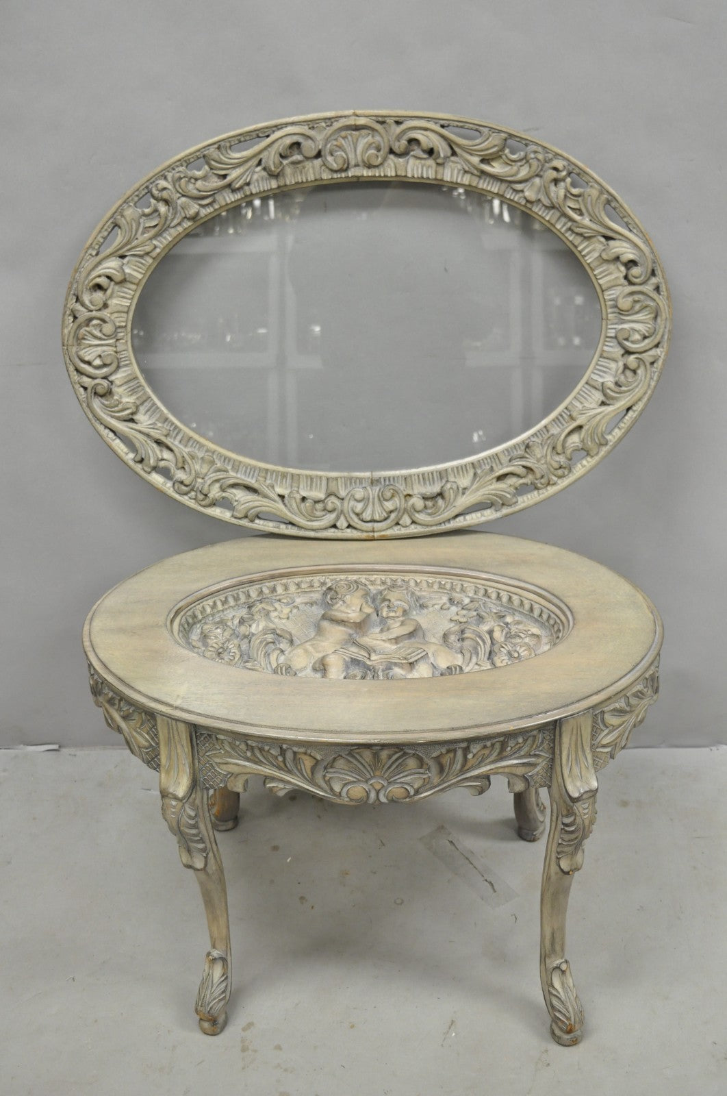 Vintage French Renaissance Walnut Gray Distress Painted Cherub Coffee Table