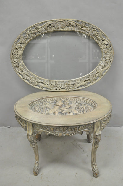Vintage French Renaissance Walnut Gray Distress Painted Cherub Coffee Table