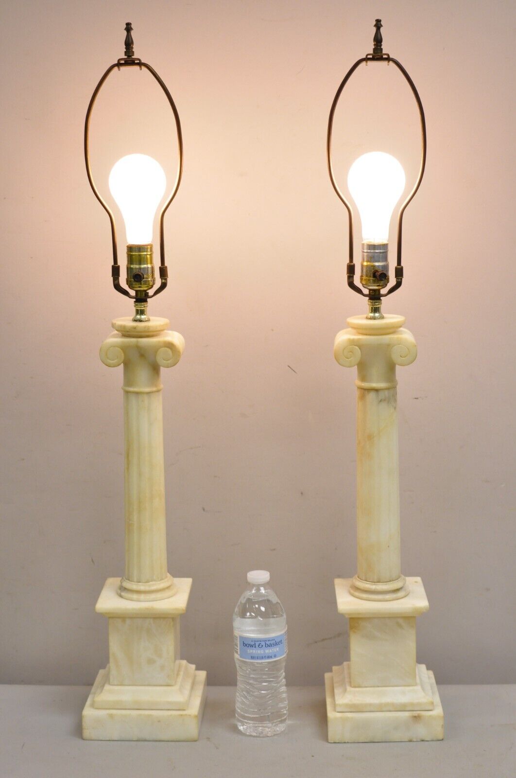 Antique Italian Neoclassical Marble Alabaster Corinthian Column Table Lamp Pair