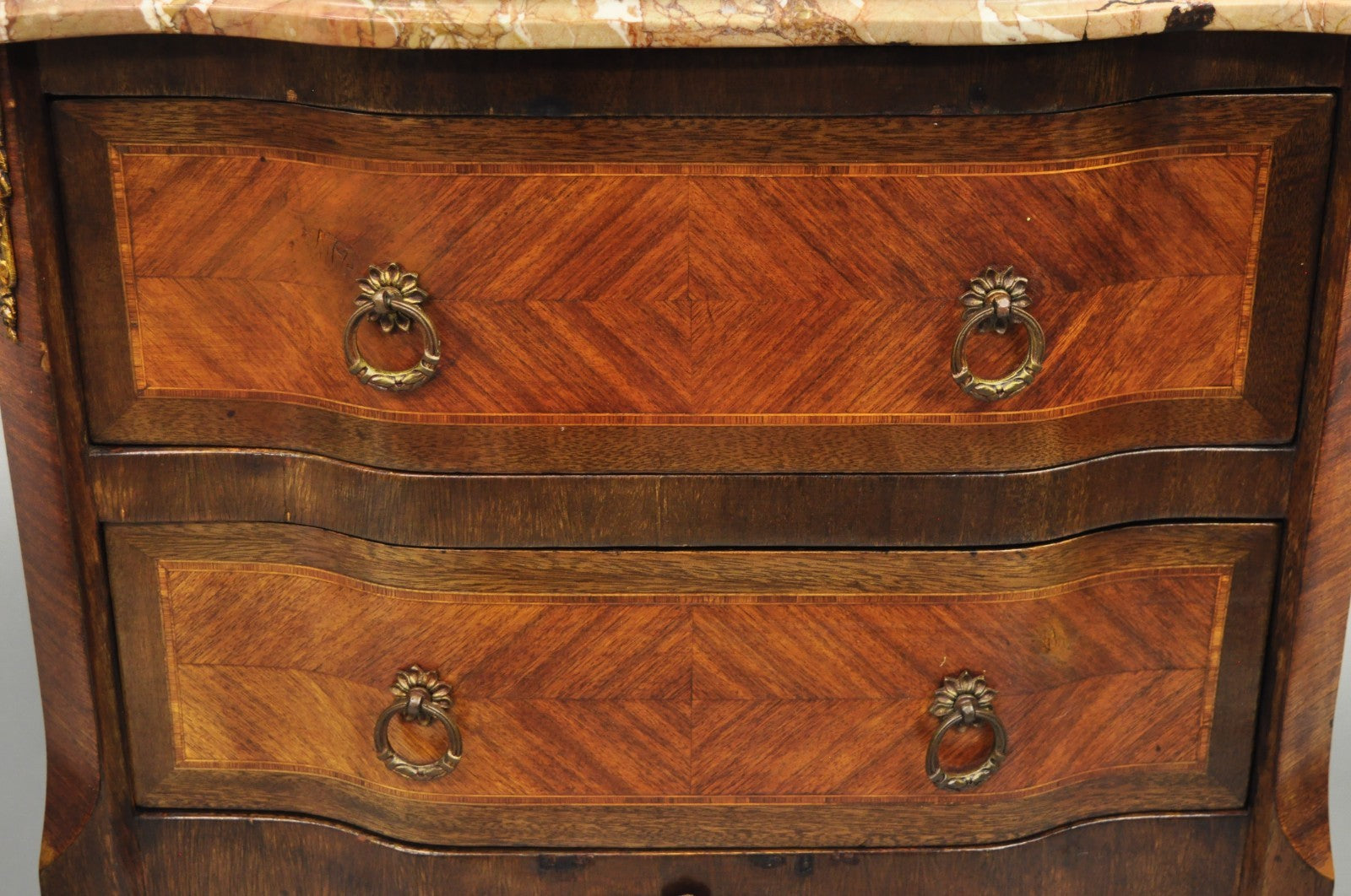 Antique French Louis XV Marquetry Inlay Marble Top Bombe Nightstand Side Table