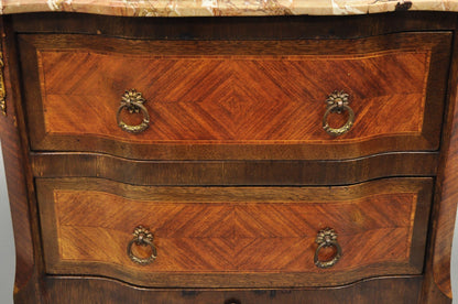 Antique French Louis XV Marquetry Inlay Marble Top Bombe Nightstand Side Table