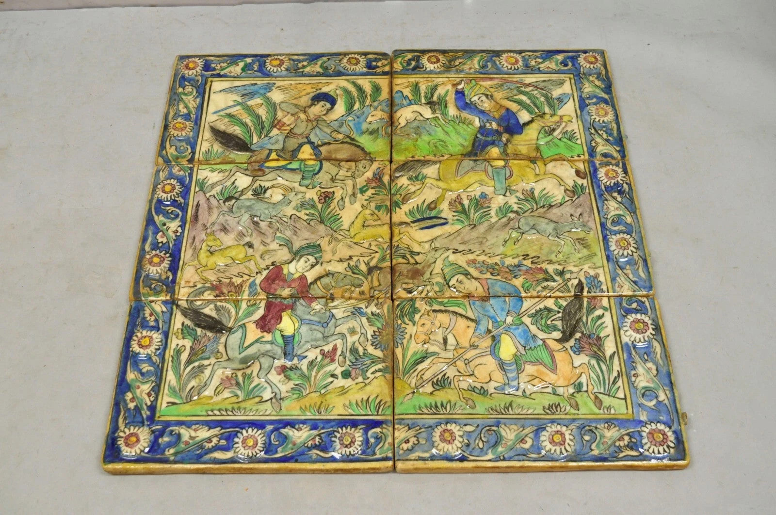 Antique Persian Iznik Qajar Style Ceramic Pottery Tile Mosaic Hunt Scene C7