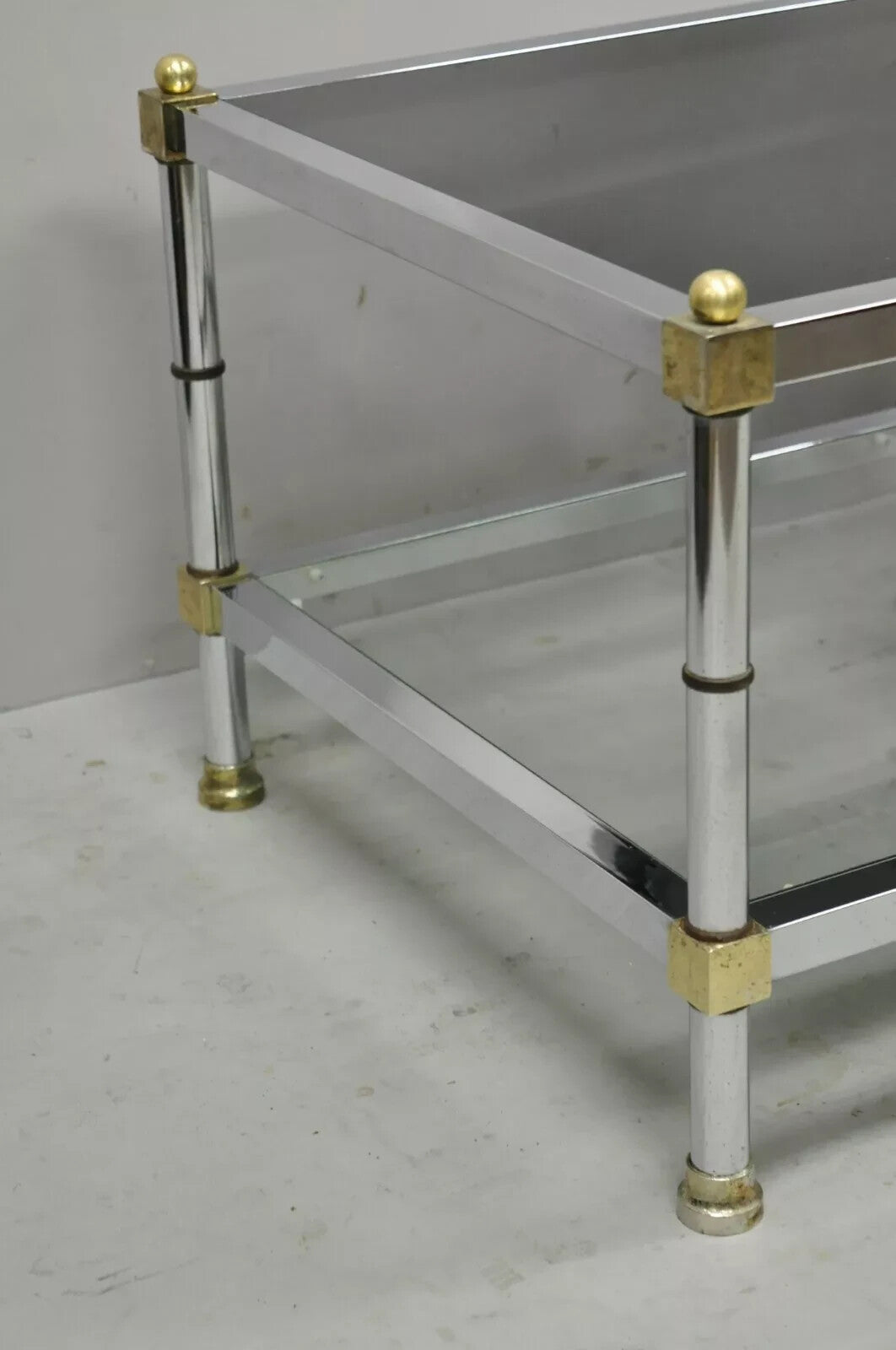 Hollywood Regency Maison Jansen Style Chrome & Brass Square End Tables - a Pair