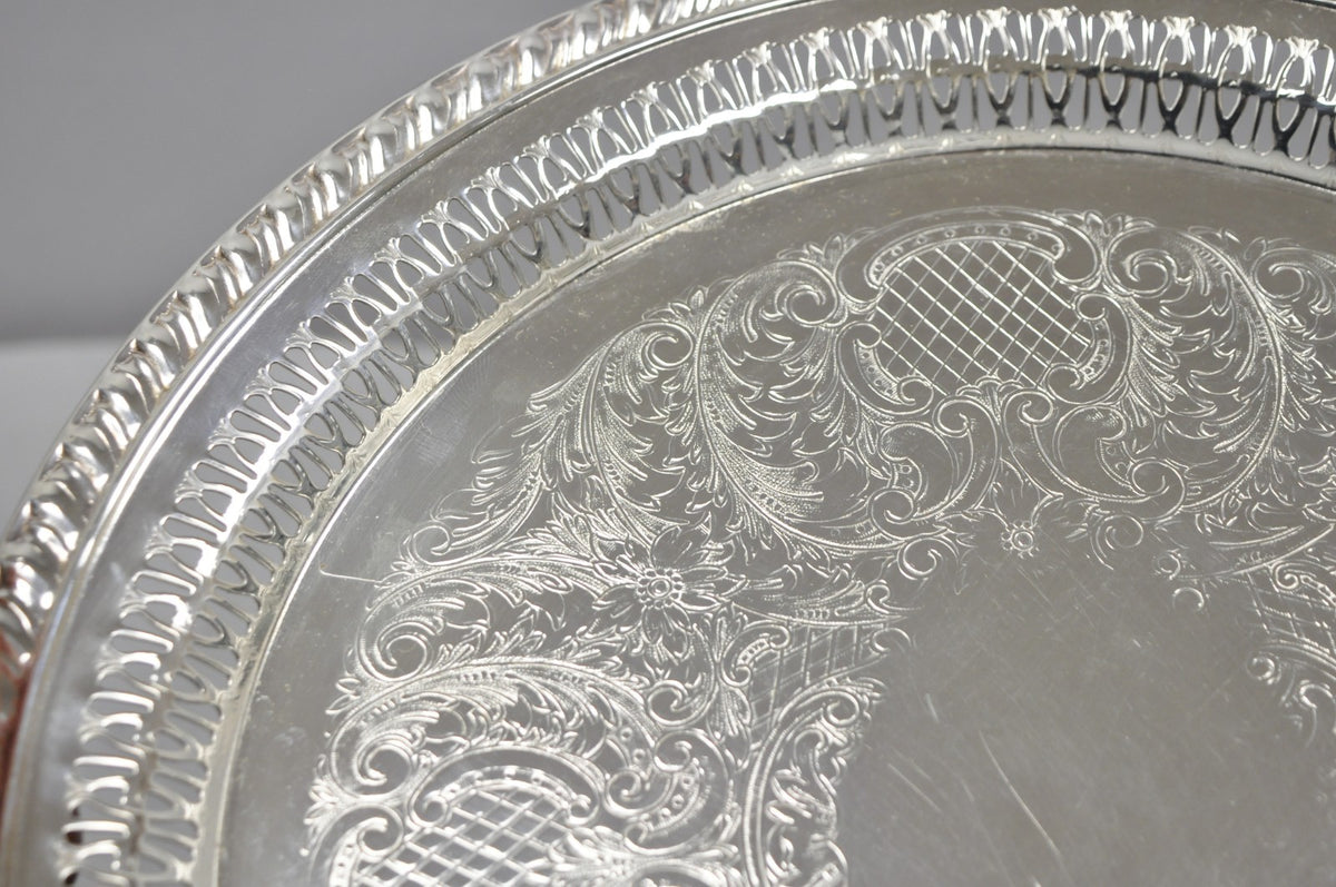 Vintage Leonard Silver Plated Pierced Gallery 12" Round Serving Platter Tray