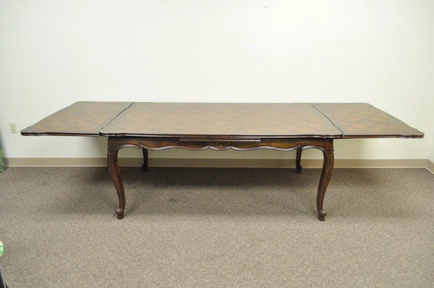 Vintage French Country Oak Parquetry Inlay Refectory Extension Leaf Dining Table