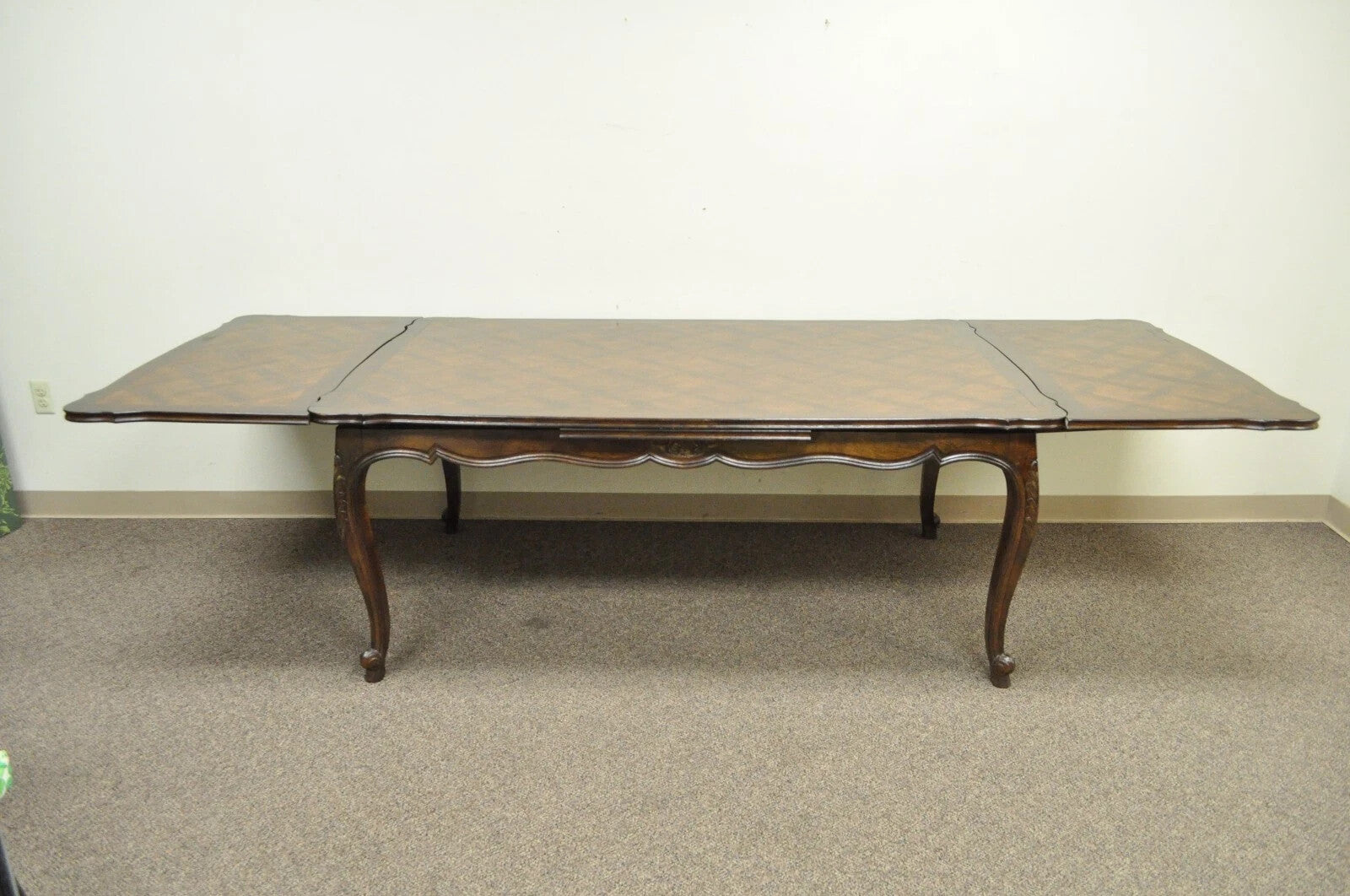 Vintage French Country Oak Parquetry Inlay Refectory Extension Leaf Dining Table