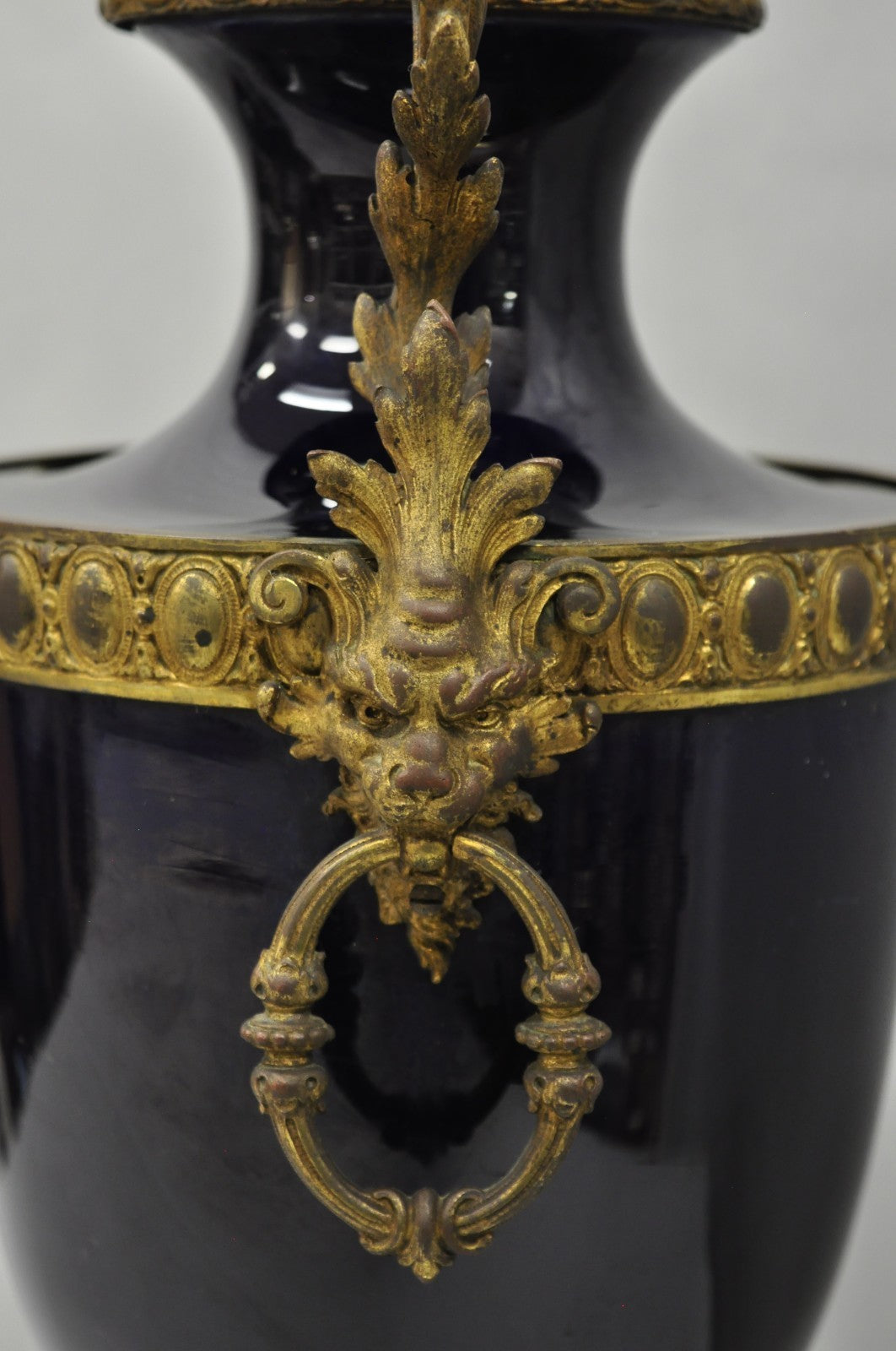 Antique French Empire Cobalt Blue Porcelain Figural Gilt Bronze Urn Table Lamp
