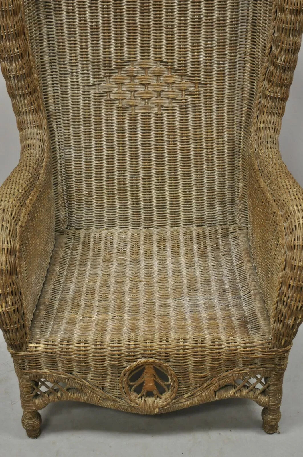 Vintage Victorian Style Large Woven Wicker Rattan Wingback Lounge Arm Chair