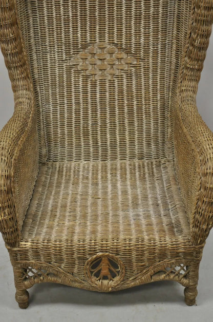 Vintage Victorian Style Large Woven Wicker Rattan Wingback Lounge Arm Chair