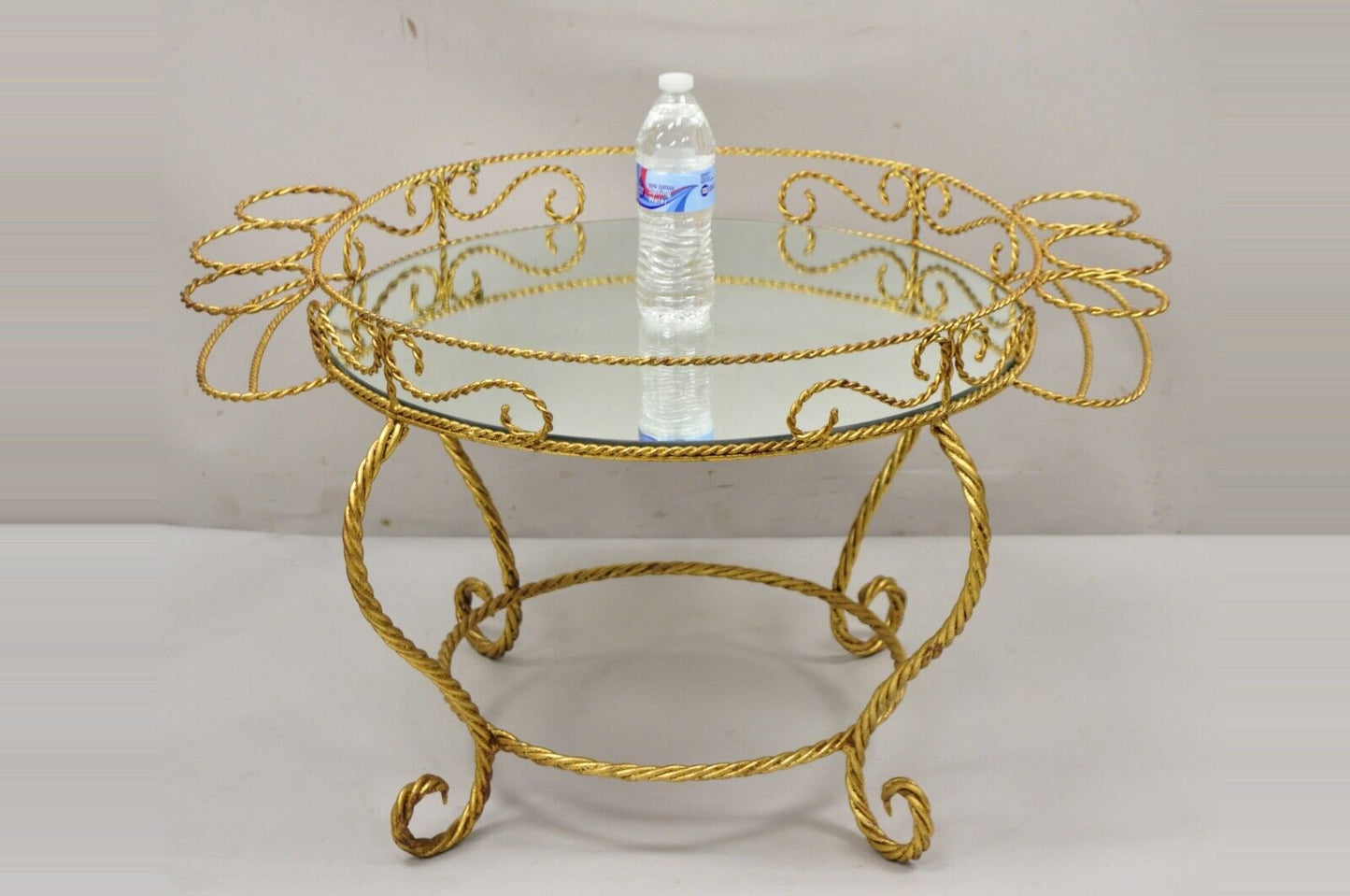 Vtg Italian Hollywood Regency Iron Gold Rope Bar Coffee Table Round Mirror Top