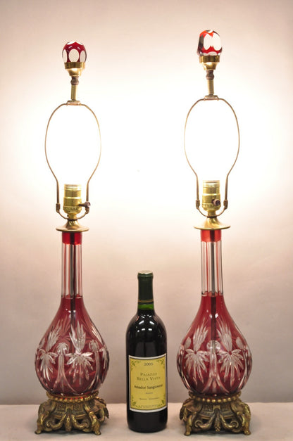 Antique Bohemian Cranberry Ruby Red Cut to Clear Glass Table Lamps - a Pair