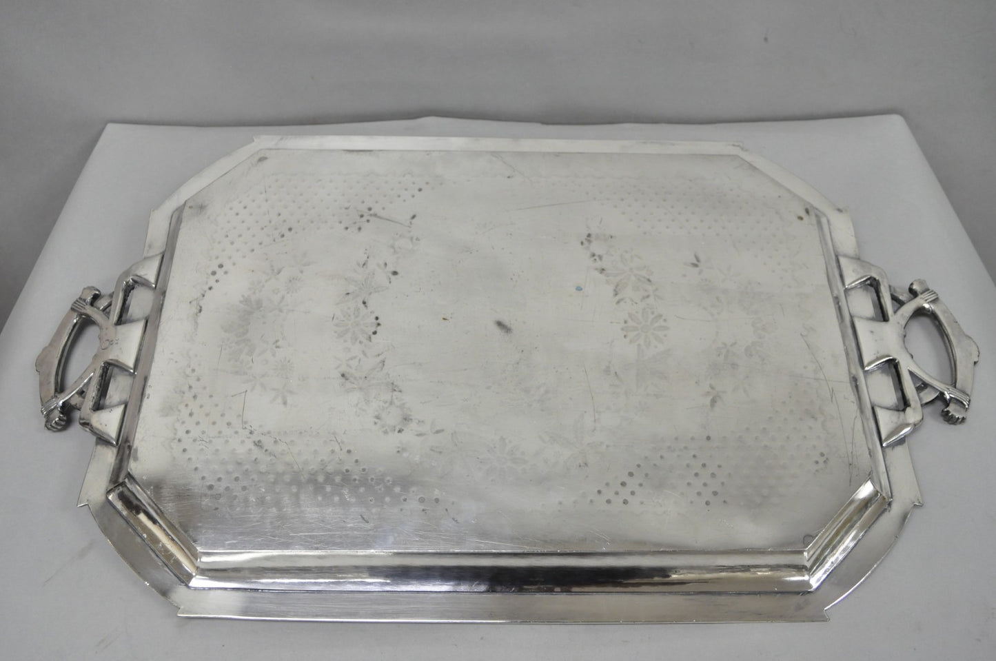 Antique Rogers Smith & Co Art Nouveau Large Silver Plated Crane Bird Etched Tray