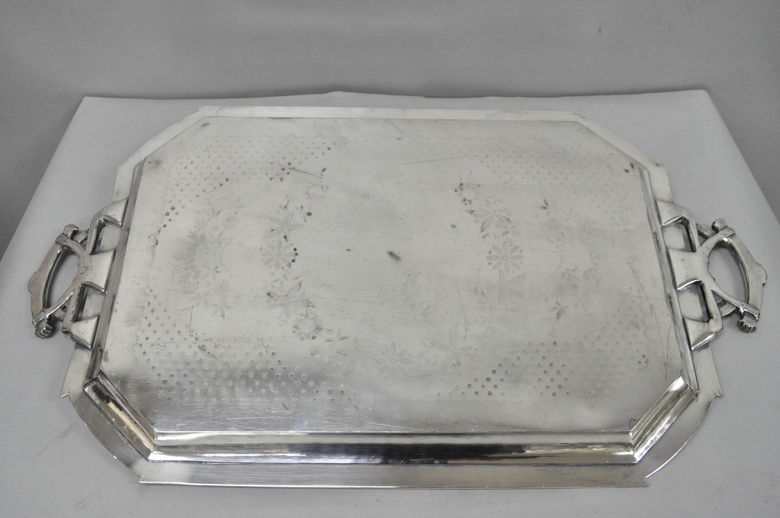 Antique Rogers Smith & Co Art Nouveau Large Silver Plated Crane Bird Etched Tray