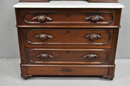 Antique Eastlake Victorian Carved Walnut Marble Washstand Dresser with Mirror
