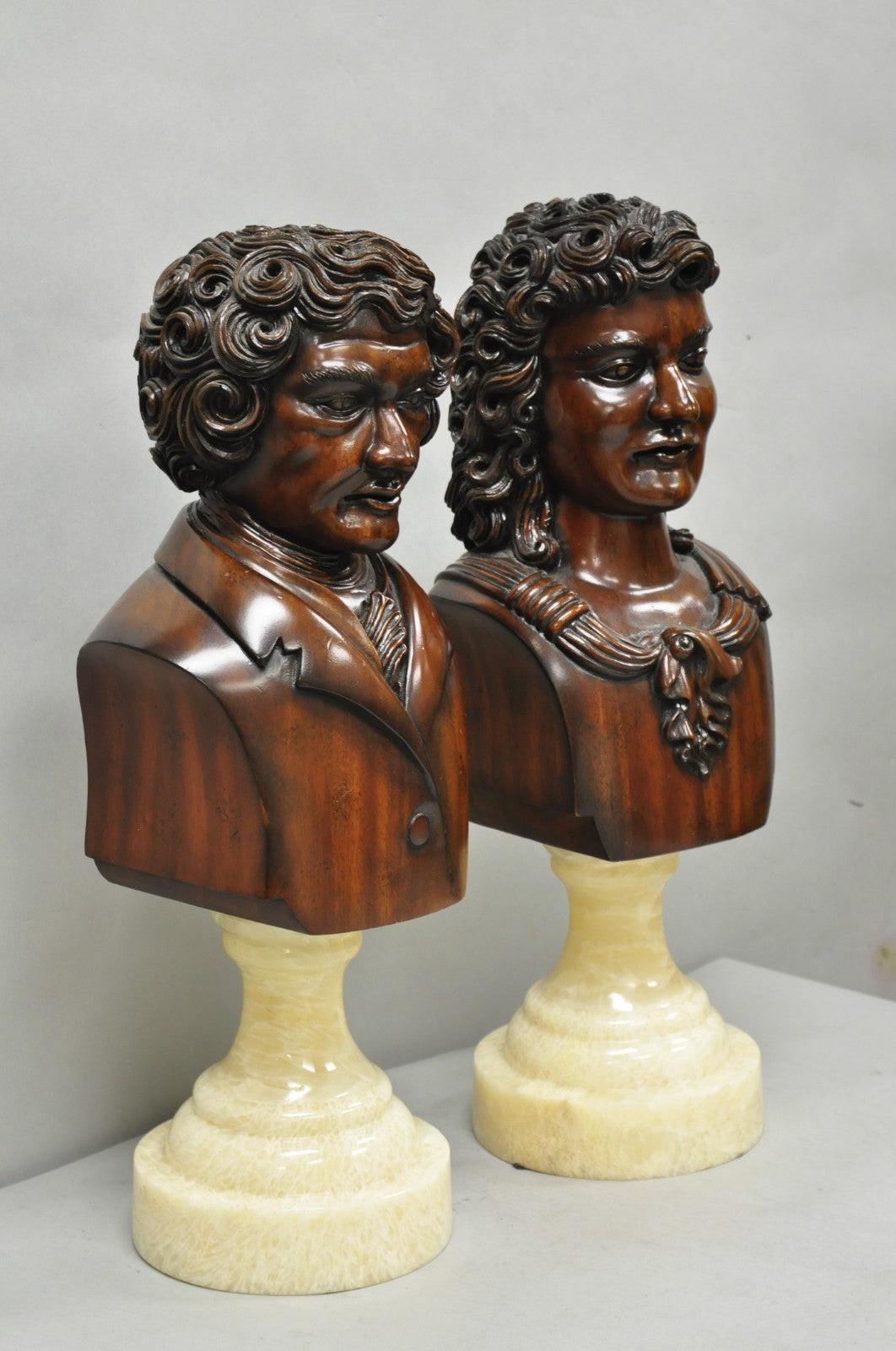 Classical Maitland Smith Style Carved Mahogany Wood Bust on Alabaster - a Pair