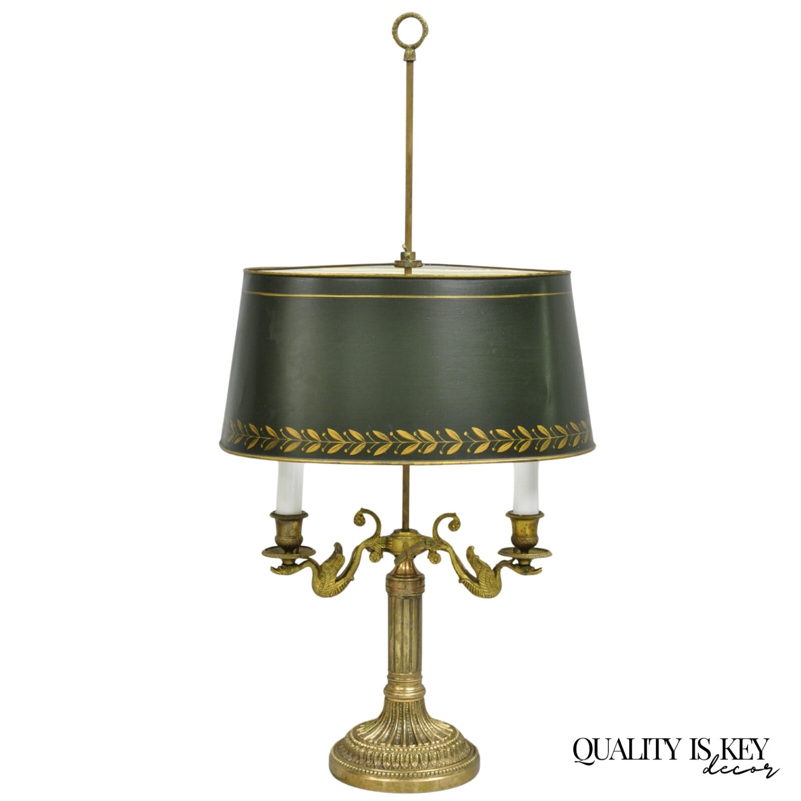 Antique French Empire Bronze Swans Green Tole Metal Shade Bouillotte Table Lamp